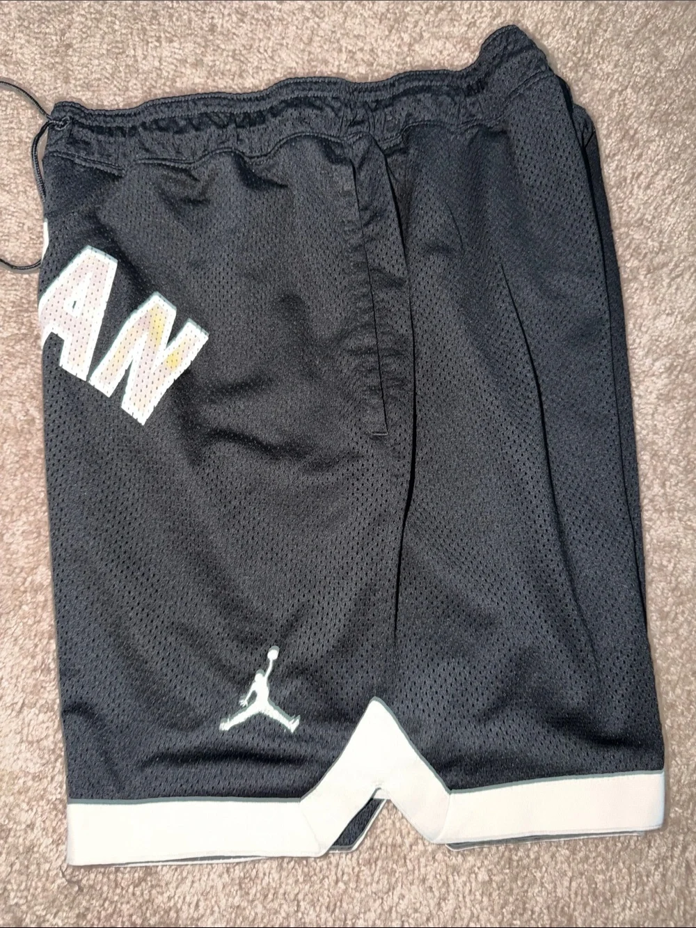 Jordan Men’s Black Athletic Shorts with White Trim and Multicolor Lettering